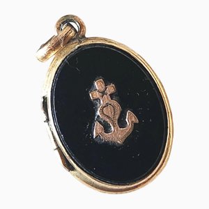 Maritimes französisches viktorianisches Onyx-Glücksbringer-Medaillon mit vergoldetem Herz-Anker