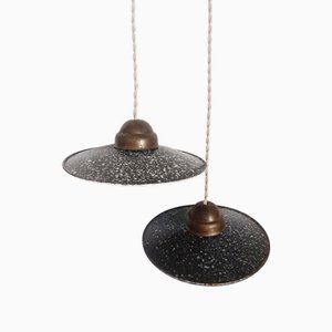 Vintage Industrial Enamelled Sheet Metal Pendant Lights, 1970s, Set of 2