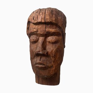 Brutalist Folk Art Wooden Mingei Head, Japan, 1930s