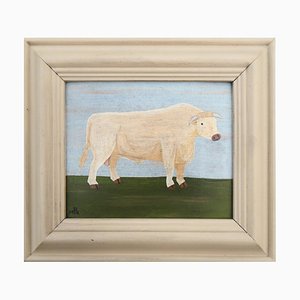 Matt Rix, Naive Style Prize British White Bull, Oil on Board, Incorniciato