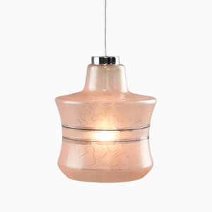 Vintage Italian Chrome and Pink Glass Pendant Lamp