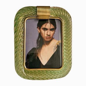 Small Green Torchon Picture Frame in Murano Glass and Brass by Simoeng