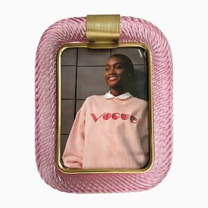 Small Pink Torchon Picture Frame in Murano Glass and Brass by Simoeng
