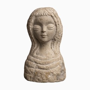 Sculpture of a Woman's Head in Fossil Limestone with Calcite Crystals, 20th Century