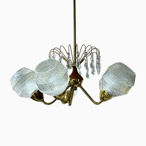 Mid-Century Chandelier in Teak, Brass and Crystal, Sweden, 1950s