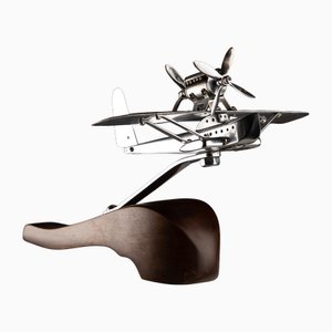 Aeroplano Art Deco cromato su base in legno, anni '40
