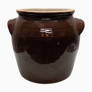 Großer französischer Topf aus braun glasiertem Steingut, Frühe 1900er