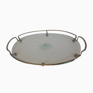 Mid-Century Oval Glass Tray with Chrome Handles