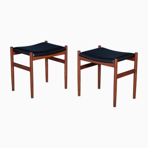 Tabourets en Teck avec Plateaux en Cuir Noir de Spøttrup Møbelfabrik, 1960s, Set de 2