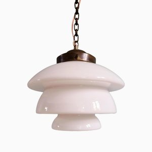 Art Deco Pendant Light in White Opaline and Copper Metal, 1920s