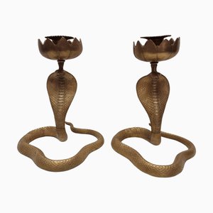 Portacandele Cobra vintage in ottone, anni '70, set di 2