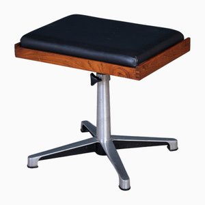 Tabouret Pivotant en Teck avec Assise en Cuir Noir, 1960s