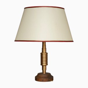 Tischlampe mit Gestell aus gedrechseltem Messing & Holzfuß, 1970er