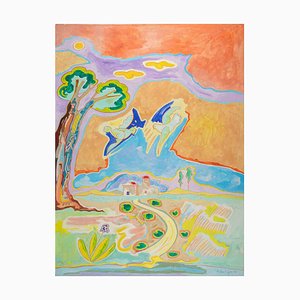 Luciano Schifano, The Doves and the Cottage, Oil Painting, 1988