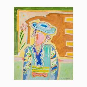 Luciano Schifano, Portrait with Hat, Oil Painting, 1988