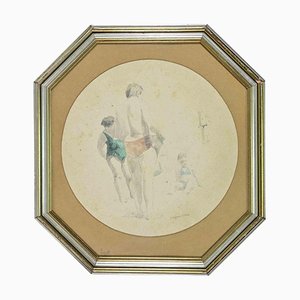 Sigfrido Oliva, At the Beach, Pencil and Watercolor, 1980s, Framed