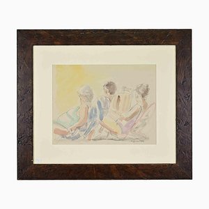 Sigfrido Oliva, Am Strand, Bleistift und Aquarell, 1980er, Gerahmt