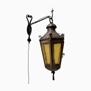 Arts & Crafts Patinated Wrought Iron Lantern Wall Light, 1890s