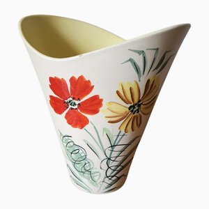 Vintage French Wide Neck Vase with Hand-Painted Flowers and Yellow Interior from Vallauris, 1960s