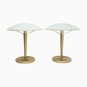 Brass and Glass Saucer Table Lamps from Holtkotter Leuchten, 1980s, Set of 2