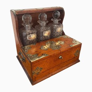 Victorian Oak Tantalus and Games Box, 1880s, Set of 9