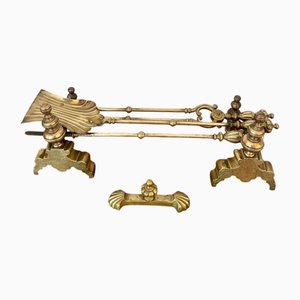 Juego de chimenea victoriana de latón, 1890. Juego de 6