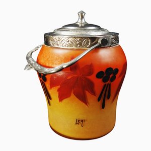 Emaillierter und bemalter Art Deco Kekseimer aus Glas von Legras-Montjoye, 1920