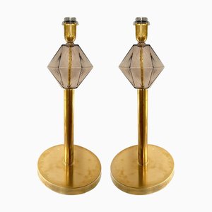 Italian Fumè Murano Glass Table Lamps with Unlaquered Brass by Simoeng, Set of 2