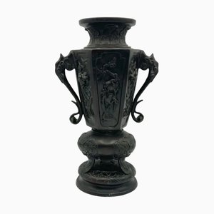 Antique Japanese Meiji Bronze Urn with High-Relief Bird Panels from Befos