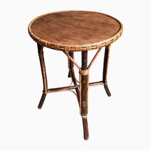 Mid-Century Round Bamboo and Wood Side Table, 1960s