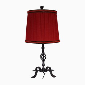Rustic Table Lamp with Handmade Black Iron Base and Red Fabric Shade by Triebenbacher, 1970s