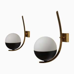 Italian Wall Sconces in Brass and Opaline Glass, 1950s, Set of 2
