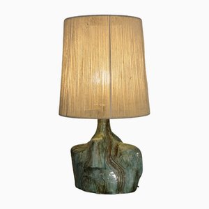 Lampada vintage brutalista in ceramica con paralume in lino, anni '50