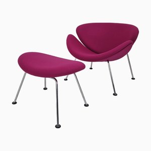 Sedia Slice arancione con poggiapiedi di Pierre Paulin per Artifort, anni '80, set di 2