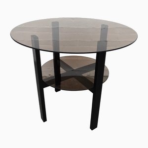 Minimalist High Metal and Smoke Glass 2-Tiered Side Table, 1980s