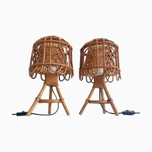French Riviera Rattan and Cane Table Lamps by Franco Albini, 1960s, Set of 2