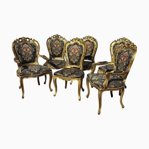 French Louis Style Gold Gilt Wooden and Upholstered Armchairs, Set of 6