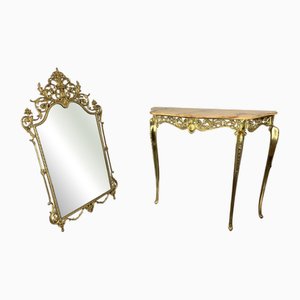 Vintage French Brass Console Table with Marble Top and Mirror, Set of 2