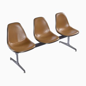 Tandem Bench with Brown Naugahyde Pad Shell Chairs by Charles and Ray Eames for Herman Miller, 1940s