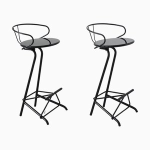 Tabourets de Bar en Laque Noire et Métal Noir, Italie, 1980s, Set de 2