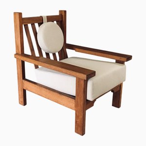 Brutalist Square Oak Lounge Chair, Belgium, 1950s