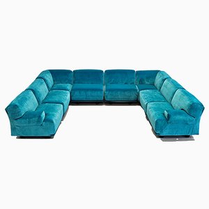 Sofá modular grande de terciopelo azul claro de Vico Magistretti para Cassina, años 80. Juego de 8