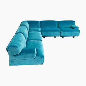 Sofá esquinero Fiandra modular de terciopelo azul de Vico Magistretti para Cassina, años 80. Juego de 5