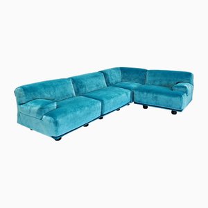 Fiandra Corner Modular Sofa in Blue Velvet by Vico Magistretti for Cassina, 1980s, Set of 4