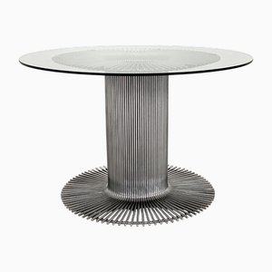 Tavolo da pranzo con piedistallo in metallo cromato e vetro, Italia, anni '70