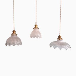Art Deco Scalloped Clear Glass Pendant Lights, 1930s, Set of 3