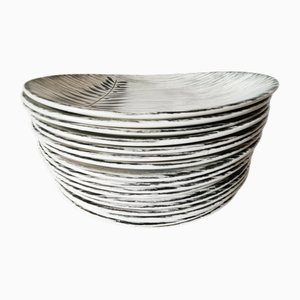 French Matt Glazed Ceramic Dinner Plate with Black Olive Leaf from Salins Toledo, 1960s, Set of 17