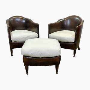 Art Deco Club Chairs in Leather and Fabric Seating, 1930s, Set of 3
