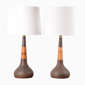 Mid-Century Modern Danish Tall Brown Ceramic Table Lamps with Cane from Kähler for Le Klint, 1960s, Set of 2