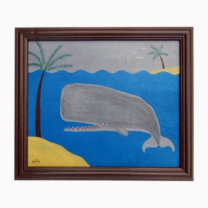 Matt Rix, Capodoglio in stile ingenuo e spiaggia con palme, Olio su tavola, Incorniciato